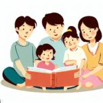 une famille utilise la boîte à rêves pour lire des histoires à ses enfants