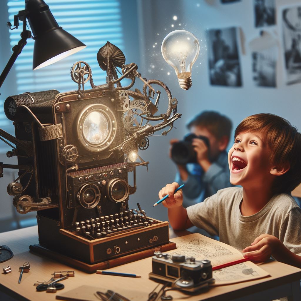 Un enfant heureux est en train de fabriquer une histoire avec une machine futuriste
