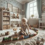 Un enfant de 3 ans joue dans sa chambre au petit train