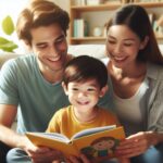Un enfant est heureux de lire un livre avec ses parents