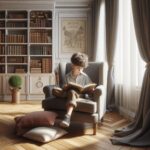 Un enfant lit tranquillement une histoire dans le salon