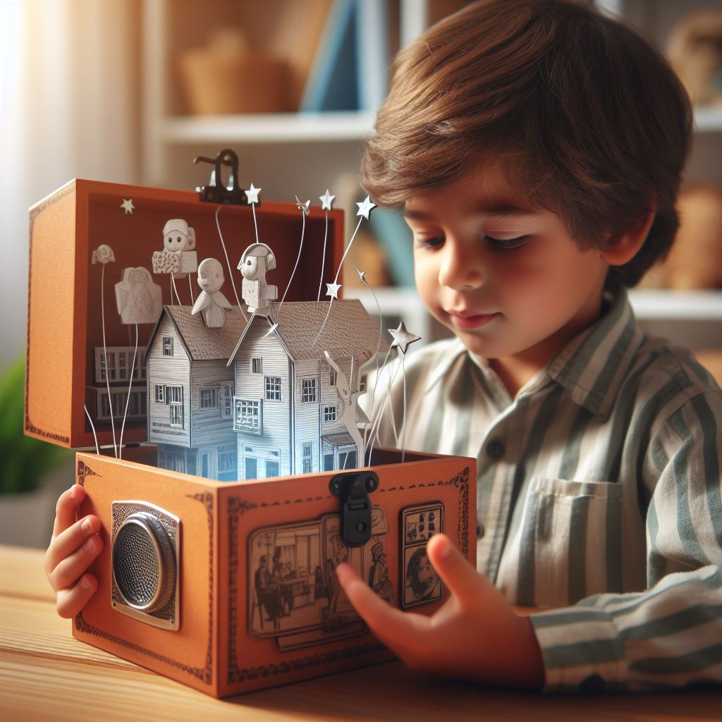 Un enfant crée une histoire avec une boite magique qui raconte des histoires