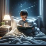 Un enfant lit calmement une encyclopédie sur son lit