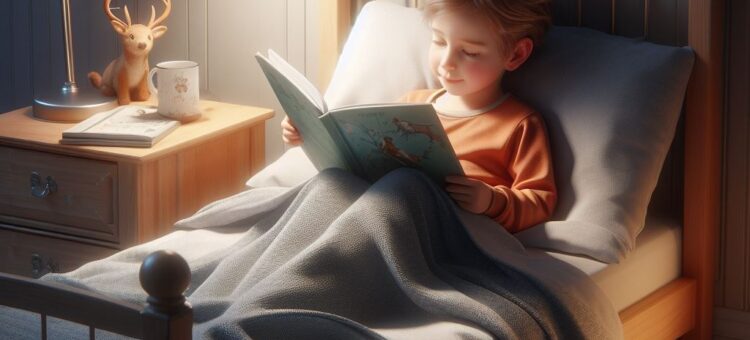 Un enfant lit une histoire paisiblement dans son lit