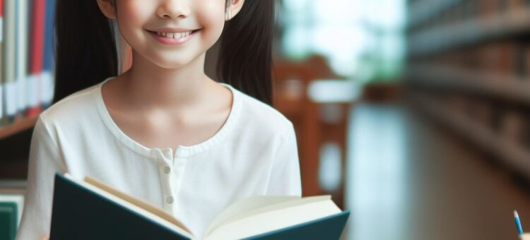 Une petite fille souriante lit un livre dans une bibliothèque