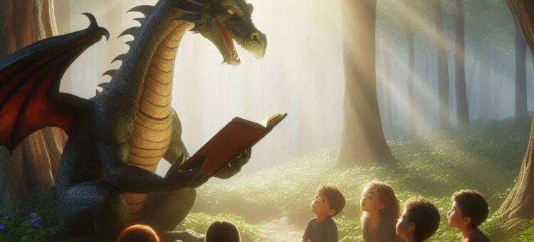 Un dragon lit une histoire à des enfants