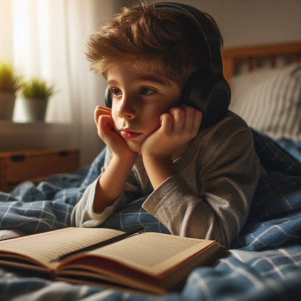 Enfant calme qui écoute une histoire paisiblement, allongé sur son lit.