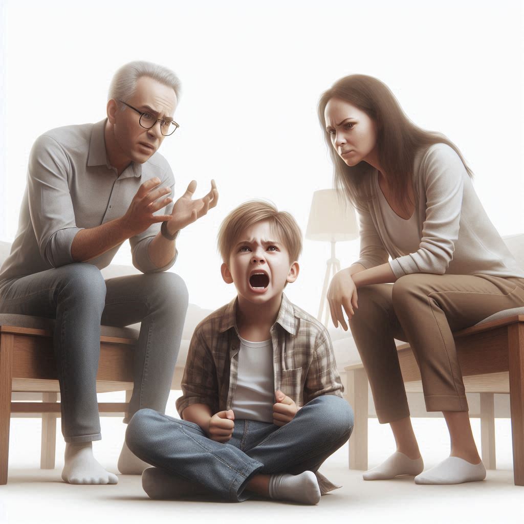 Enfant en colère devant ses parents