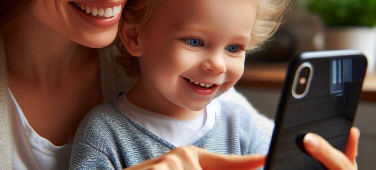 Enfant heureux devant un écran avec sa mère