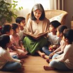 Une femme raconte une histoires à des enfants attentionnés