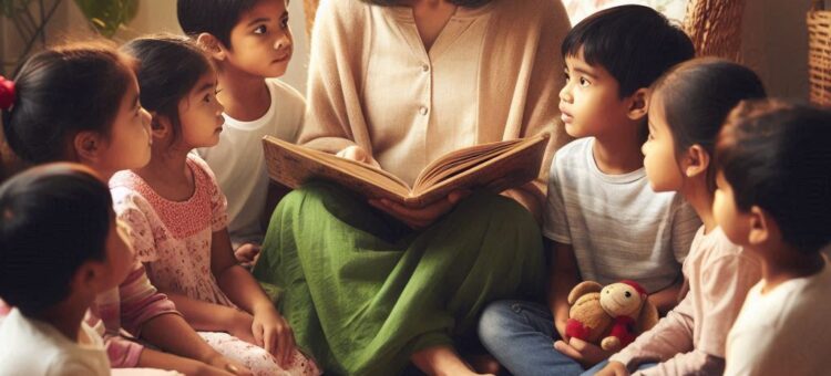 Une femme raconte une histoires à des enfants attentionnés