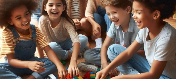 Groupe d'enfants qui jouent aux LEGO en s'amusant