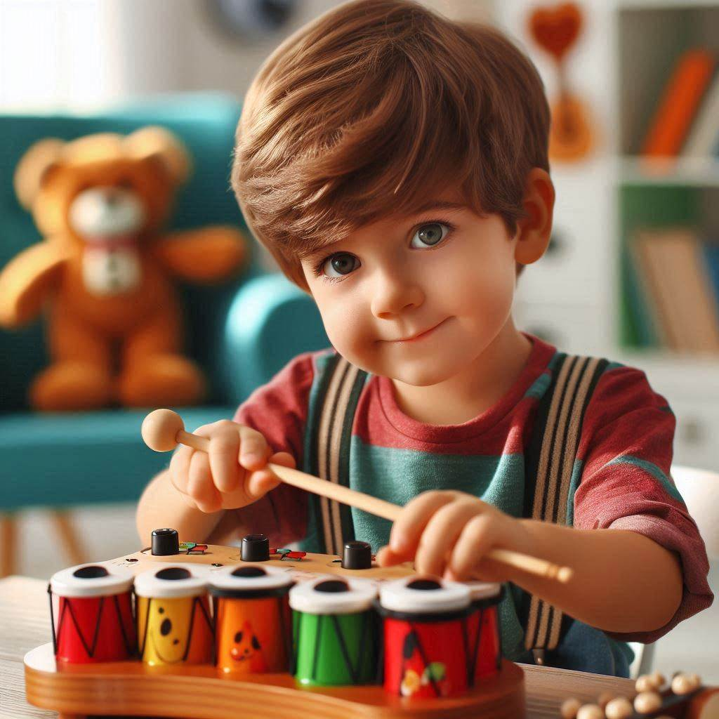 Un enfant de 5 ans joue avec un instrument original DIY