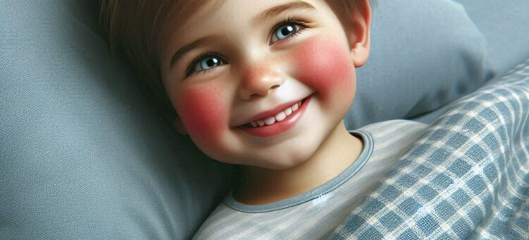 Un enfant avec les joues rouges dans son lit