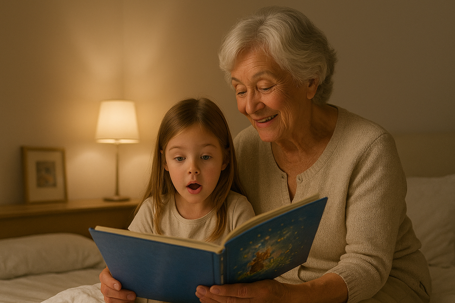 Une enfant lit une histoire avec sa grand-mère
