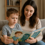 Un enfant lit une histoire sur les émotions avec sa mère