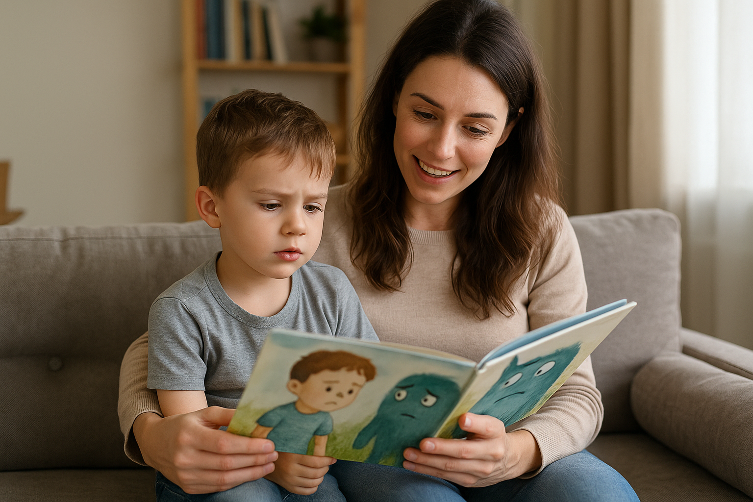 Un enfant lit une histoire sur les émotions avec sa mère
