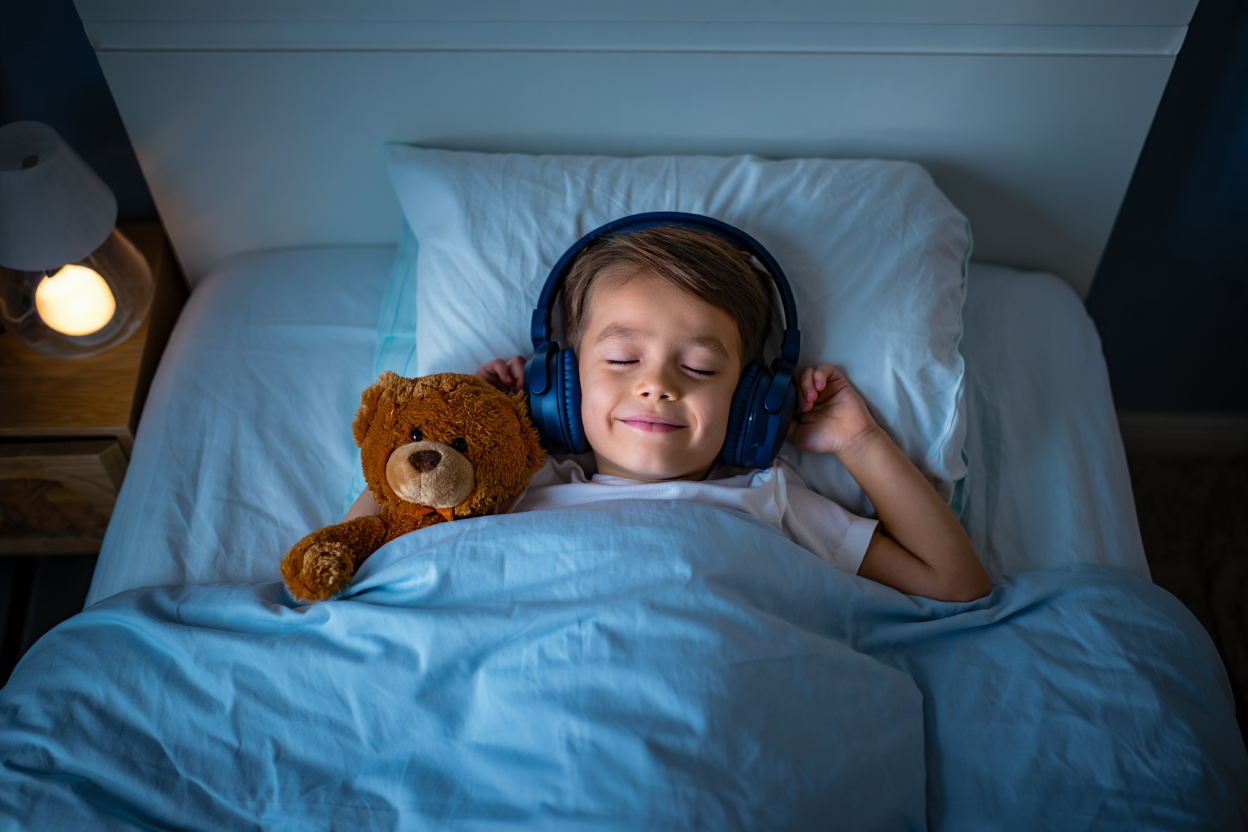 Une enfant écoute une histoire au lit