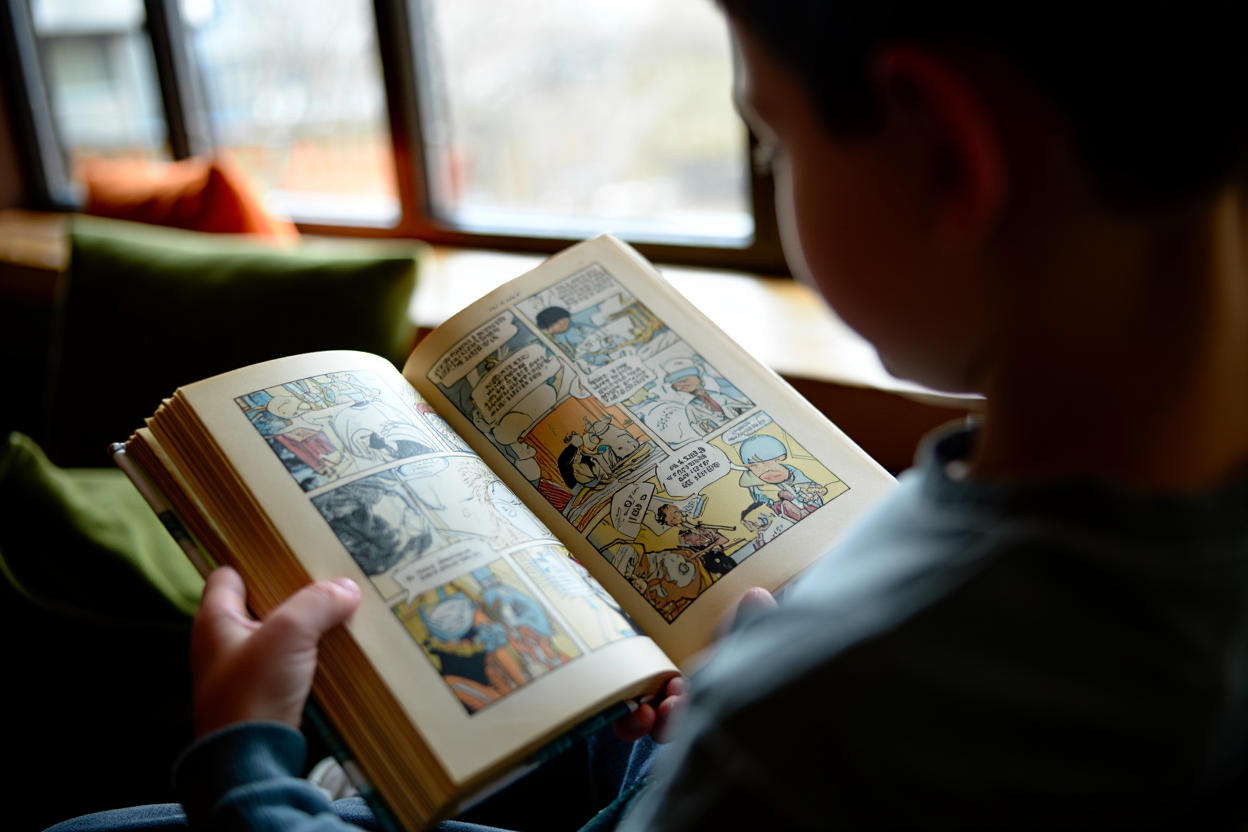 Un enfant lit une bande dessinée